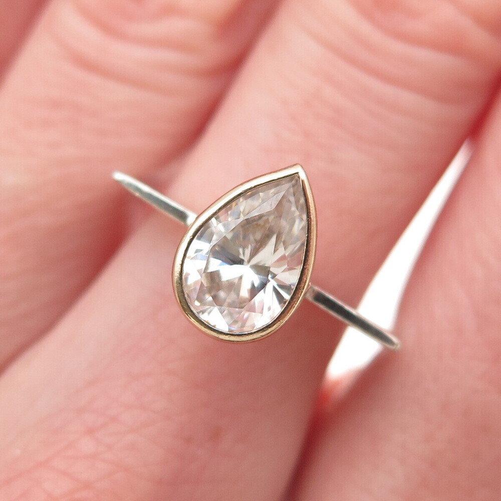 925 Sterling Silver 14K Gold Vintage Pear-Cut C Z Modernist Ring Size 6